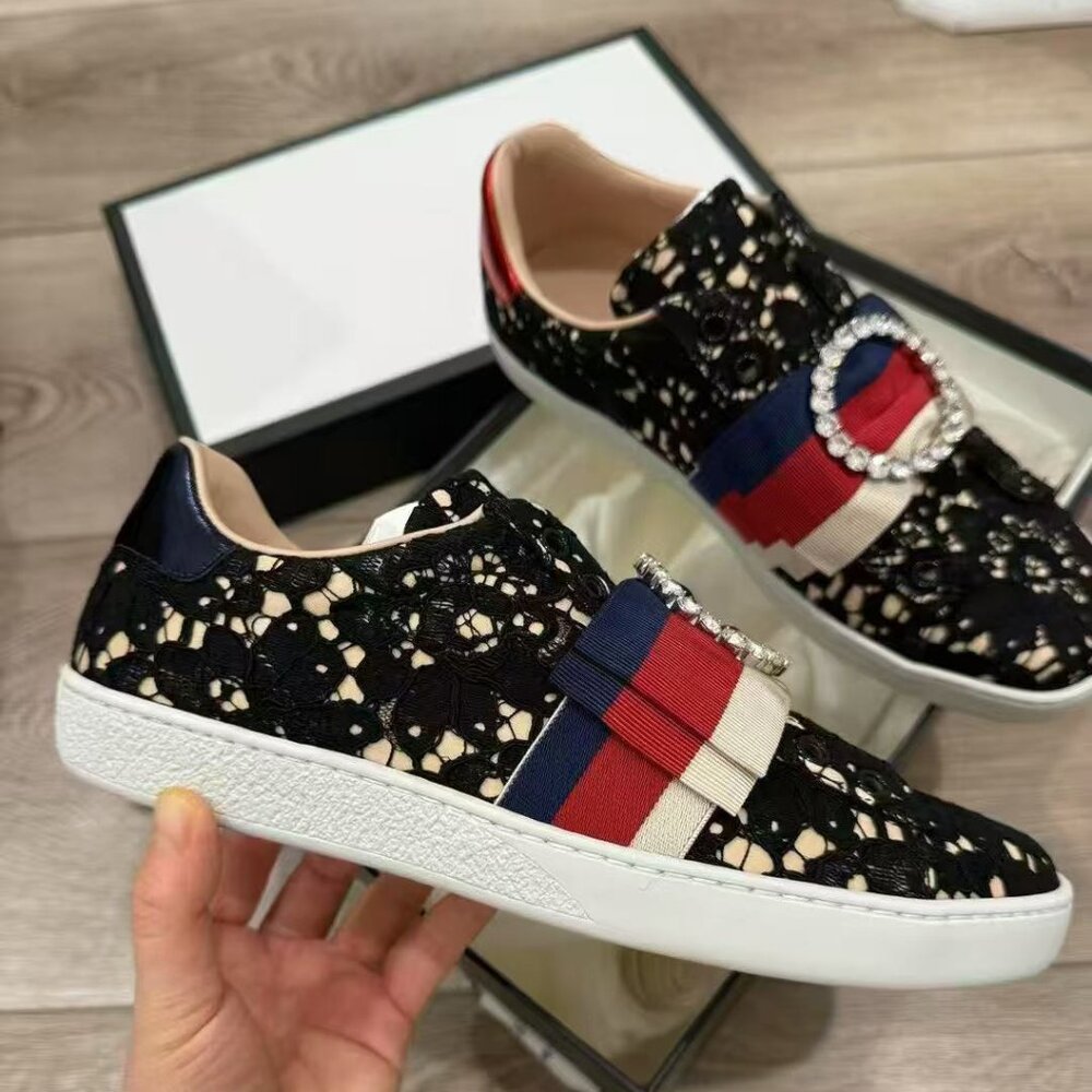 NIB Authentic Gucci Black Lace Ace Web Crystal Embellished Sneaker